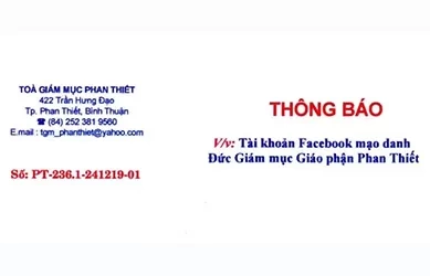 Tòa Giám mục Phan Thiết thông báo về tài khoản Facebook mạo danh Đức Giám Mục Giáo Phận Phan Thiết